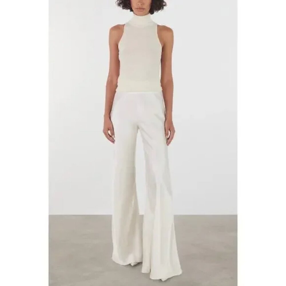 ENZA COSTA Satin Bias Cut Pants Womens Medium Cream Wide Leg Flare Pull on NWOT